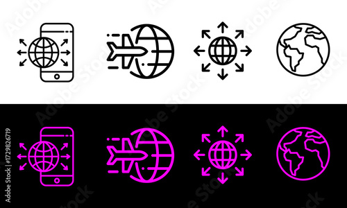 Global Travel and Worldwide Connection Line Icons Set – Airplane, Globe, Mobile, Communication Symbols
