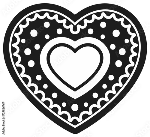Ornamental heart design in black and white, with polka dots and scalloped edge