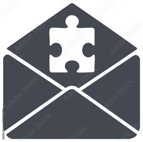 Open grey envelope revealing a white jigsaw puzzle piece, depicting a solution, mystery, or new message concept