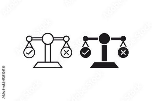 Decision icon displays scales with checkmark symbolizing balanced choice. Suitable for ethics, law, justice, decisionmaking concepts in design projects.