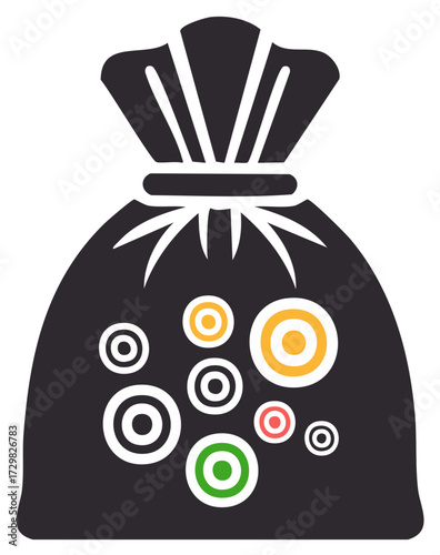 Black garbage bag with colorful abstract circle pattern vector icon