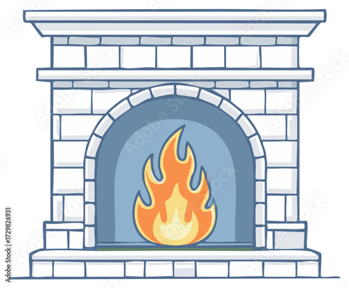 Stylized Fireplace with Burning Flame in Stone Hearth for Warmth and Comfort
