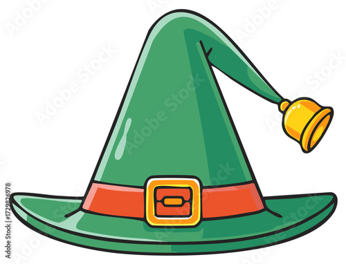 Green cartoon hat with orange belt and golden bell for St. Patrick's day