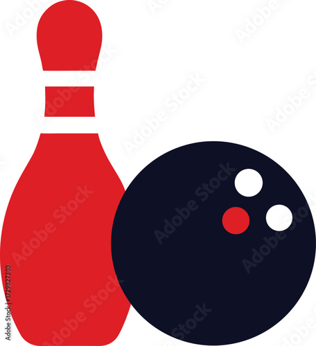 Illustration of a bowling pin and a bowling ball in motion likely on a white background created with vector design software and CMYK color model