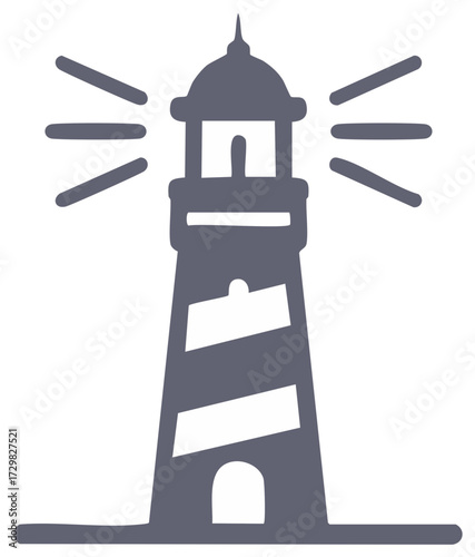Nautical lighthouse tower stands tall on shoreline with radiating beacon light guiding vessels at sea maritime coast