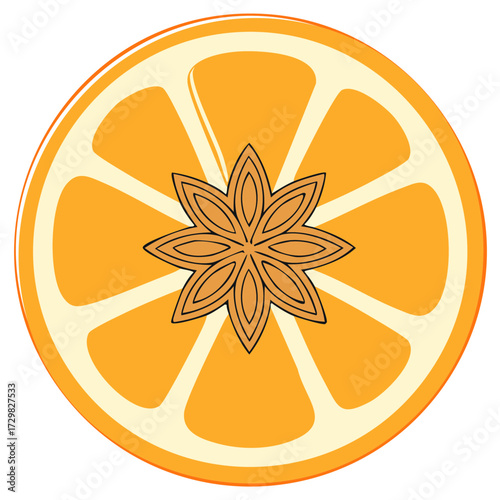 Orange Slice with Star Anise Icon Fresh Citrus Fruit with Aromatic Spice Creative Food Symbol