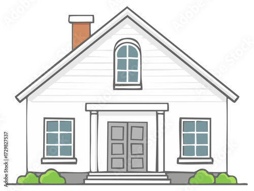 Cute White House with Shrubbery and a Brick Chimney Simple Cartoon Illustration