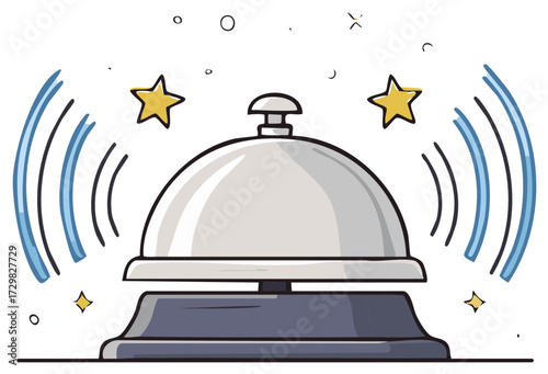 Ringing Reception Bell Cartoon Illustration with Sound Waves and Stars