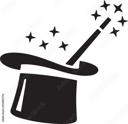 Magic Top Hat with Wand Icon Vector & Magician Logo