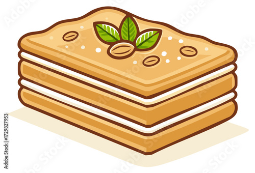 Cartoon illustration of a layered honey cake with cream, almonds, and mint garnish