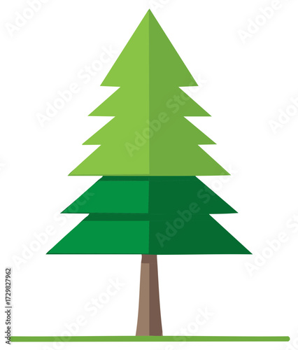 Stylized green conifer tree with geometric shapes and brown trunk minimalist vector illustration