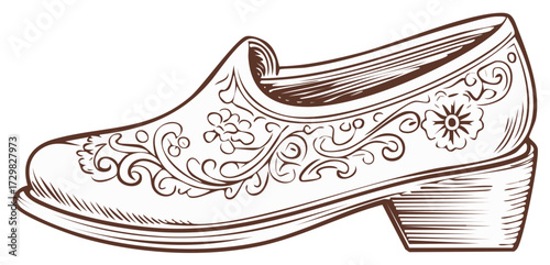 Elegant antique shoe with ornate floral pattern engraving style vector illustration
