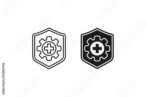 Insurance icon with two shields, gear, and outline symbol for mechanical protection. Ideal for insurance companies marketing materials.