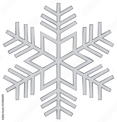 Stylized gray snowflake illustration with geometric symmetrical pattern, representing winter, frost, and holiday season