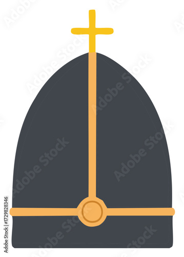 Religious mitre illustration, bishop hat symbol with gold cross design element