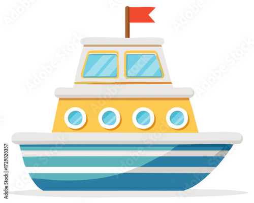 Whimsical cartoon boat with yellow hull and blue striped base flying a red flag