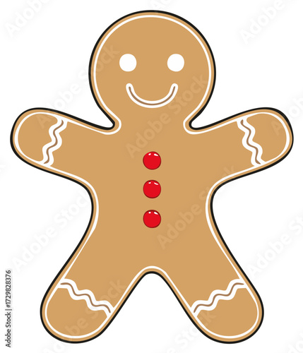 Illustrated gingerbread man cookie decorated with icing, classic holiday treat and seasonal icon, isolated