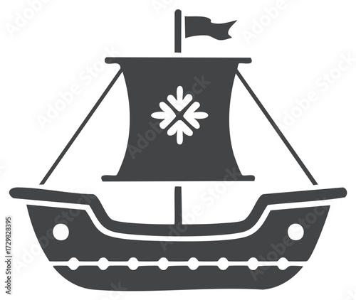 Ancient sailing vessel icon featuring a decorative star or snowflake symbol on its large main sail