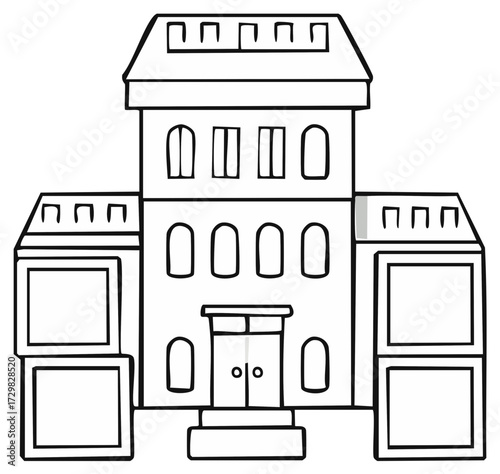 Black and white outline drawing of a fairytale castle or grand mansion building for coloring