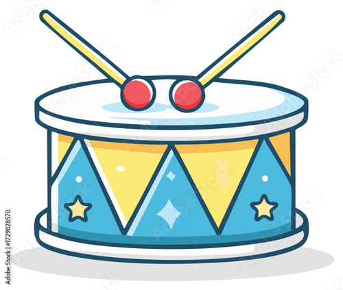 Childrens toy drum with two yellow drumsticks adorned with red tips