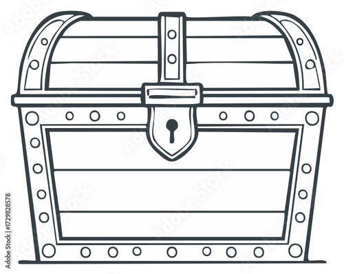 Old wooden treasure chest with keyhole and metal bands line art illustration