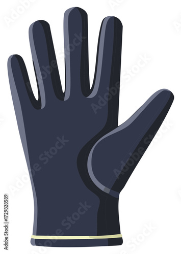 Close up of a dark blue medical glove with fingers spread open, against a white background