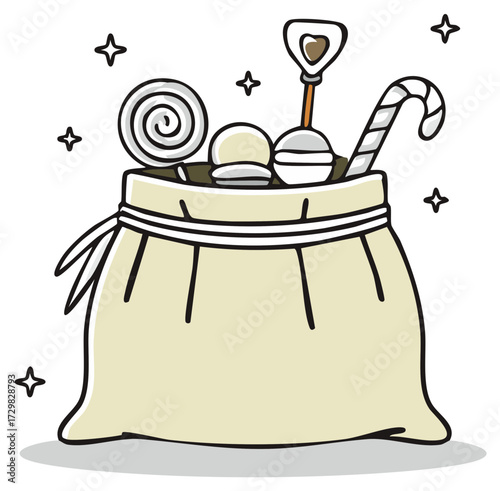 Cartoon tan sack full of various candies, including a spiral lollipop, candy canes, and other sweets, with shining stars