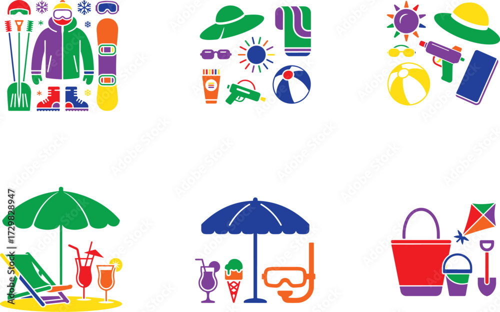 Fototapeta premium Winter sports and summer beach vacation icons vector