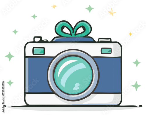 Cute Illustration of a Camera with a Bow and Glittering Stars