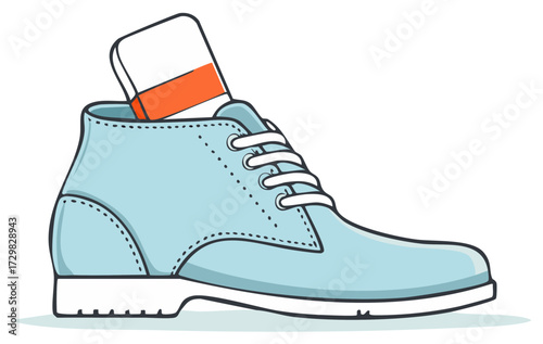 Stylish light blue desert boot with white laces and an orange striped sock peeking out vector graphic