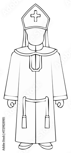 Black and white line art illustration of a Christian bishop in vestments and mitre