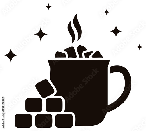 Dark Glyph Illustration: Steaming Mug with Marshmallows and Star Accents - Cozy Beverage