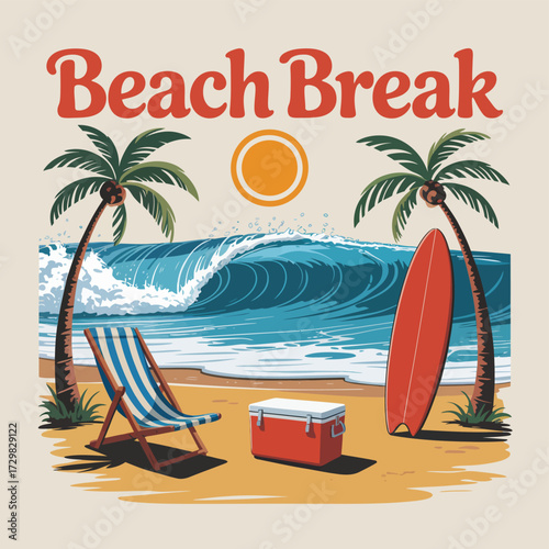 Beach Party Vector Design,  Summer Festival Tropical Poster with Sunset Scene, Surfboard, Ice Box, and Holiday Relaxation Elements for Vacation Lifestyle Placard and Poster Artwork