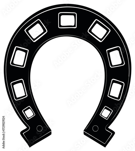 Black Horseshoe Graphic with Geometric Cutouts, Vector Illustration