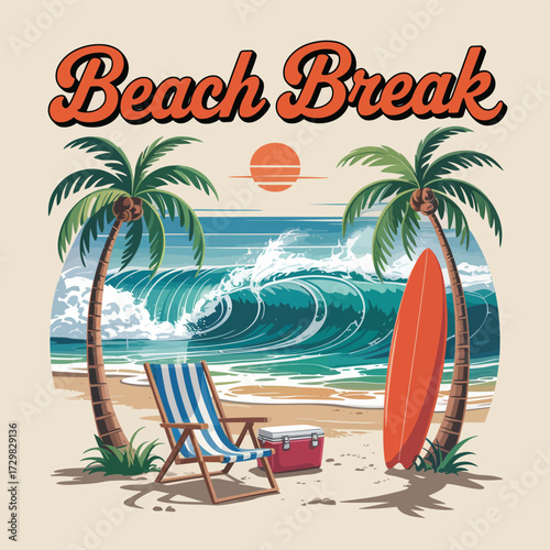 Summer Beach Festival Poster Vector,  Surfboard, Tropical Sunset, Party Elements, Relaxing Chair, Colorful Holiday Placard, and Ocean Vibes Graphic Design for Summer Event Promotions