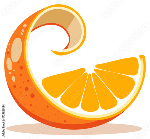 Stylized fresh orange fruit segment with elegant curled peel vector art