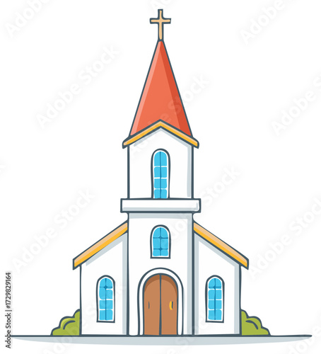White church building with a red steeple and cross detailed windows and double doors