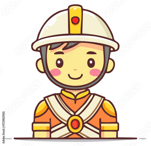 Cute cartoon character wearing a hard hat and orange uniform with white straps and a red jewel detail