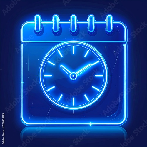 Glowing blue neon calendar icon with clock