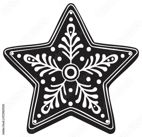 Elegant black and white star with intricate symmetrical snowflake and botanical decorative patterns