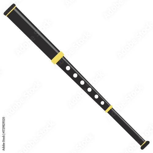 Traditional Flute Illustration: Black Woodwind Instrument with Gold Accents and Finger Holes