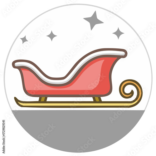 Christmas sleigh vector illustration with stars in a round frame, holiday season concept