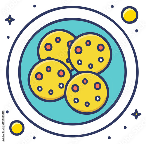Four delectable yellow cookies arrayed neatly on a teal ceramic plate with decorative stars and dots, a charming cartoon treat concept