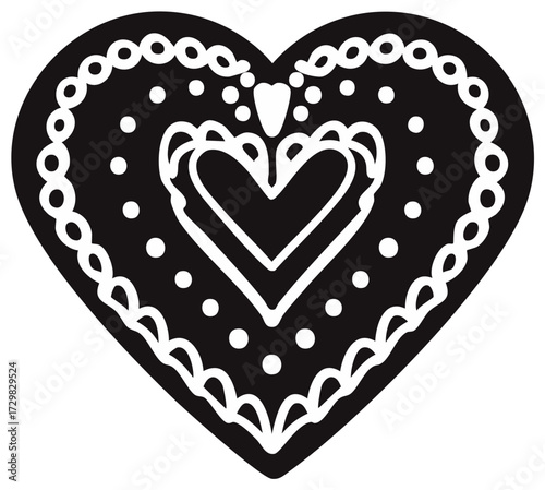 Ornate folk art inspired black and white heart illustration with detailed borders and nested romantic symbols