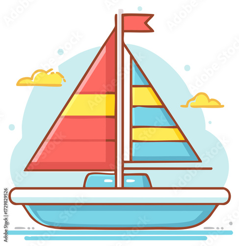Colorful cartoon sailboat with striped sails floating on the sea under a blue sky with clouds