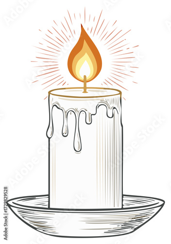 Burning wax candle on a simple saucer with dripping wax and radiating light illustration