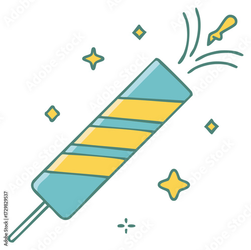 Illustration of a party popper with stars and explosion effect.