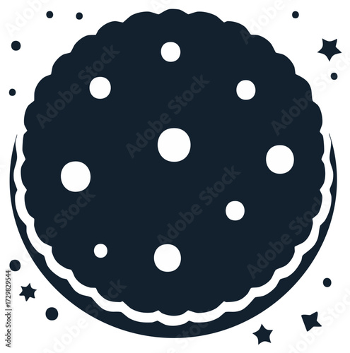 A tasty cookie surrounded by dots and stars simple vector illustration
