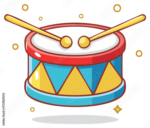 Colorful toy drum with drumsticks and geometric design