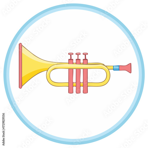 Stylized Yellow Trumpet Graphic with Pink Accents Isolated in Blue Circle Frame